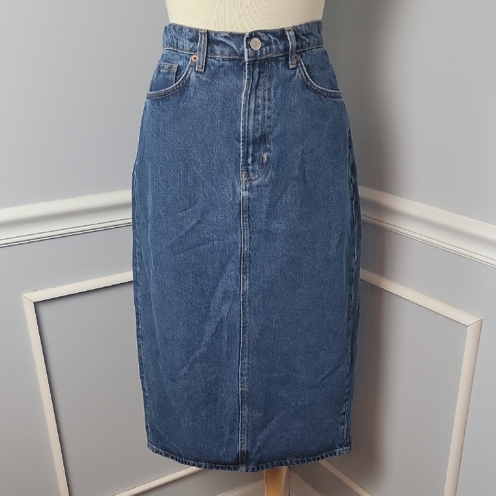 REFORMATION Jayde High Rise Medium Wash Back Slit Denim Midi Boho Jean Skirt 29